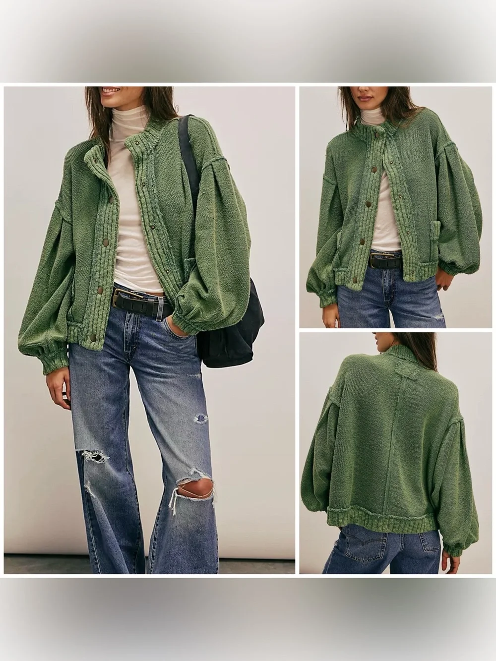 Free People Olive Green Chunky Knit Cardigan